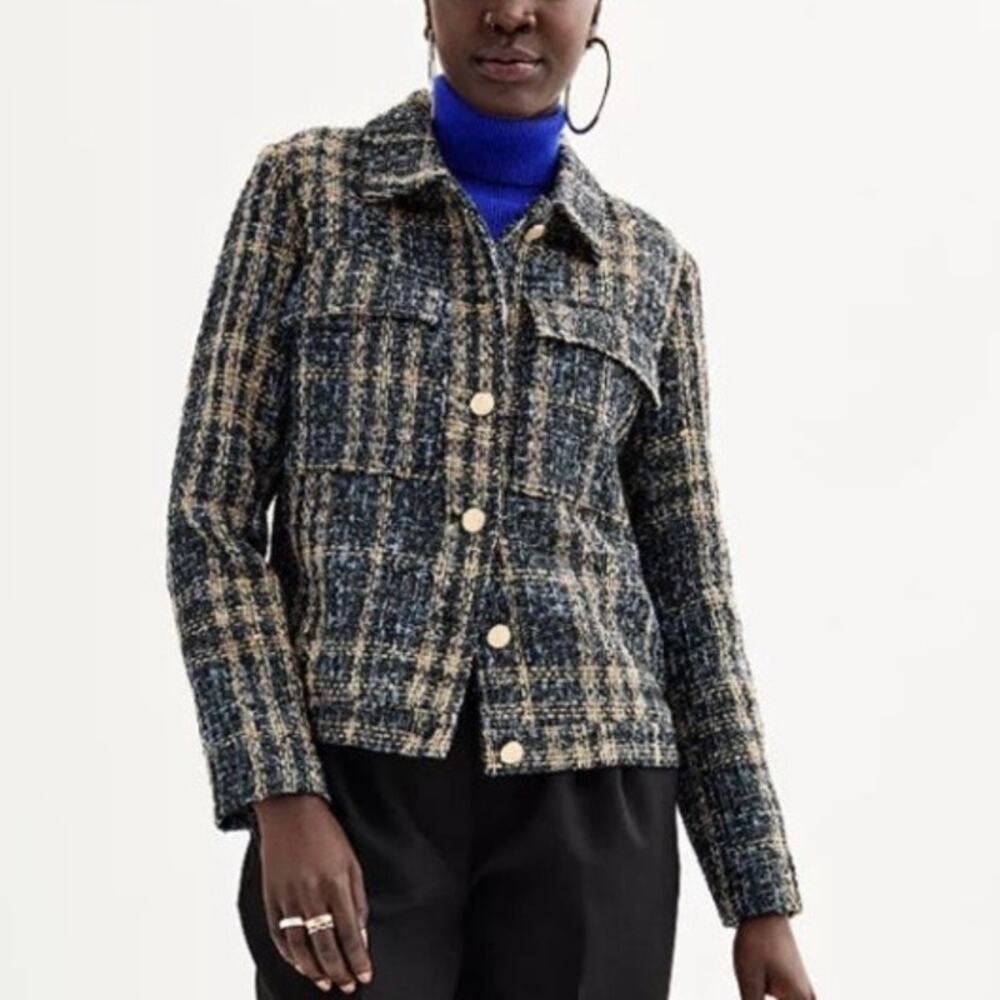 Nine West Sz L Boxy Fit Plaid Tweed Jacket Textured Black Navy w Gold Buttons